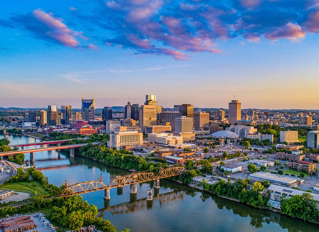 Contact - Aerial View of the Downtown Nashville, Tennessee Skyline During the Morning